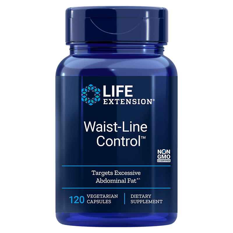 Lebensverlängerung Taillenkontrolle in 120 Kapseln von LIFE EXTENSION, sichtbare Verpackung und Kapseln auf weißem Hintergrund