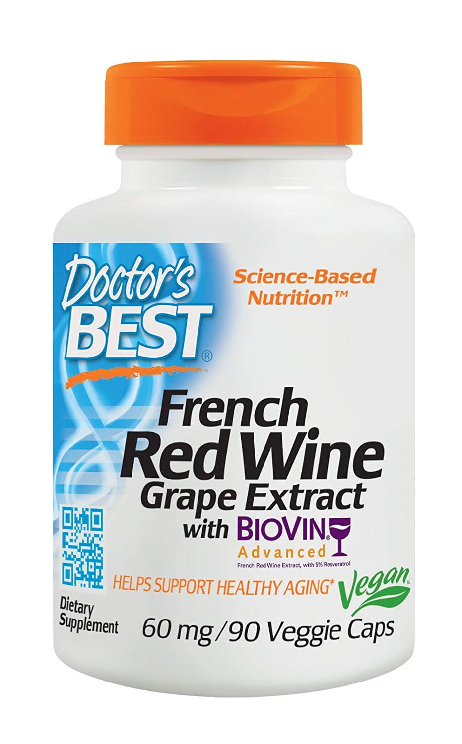 Französischer Rotwein in 90 Kapseln von DOCTOR'S BEST, Nahaufnahme der Produktverpackung mit Kapseln und Etikett