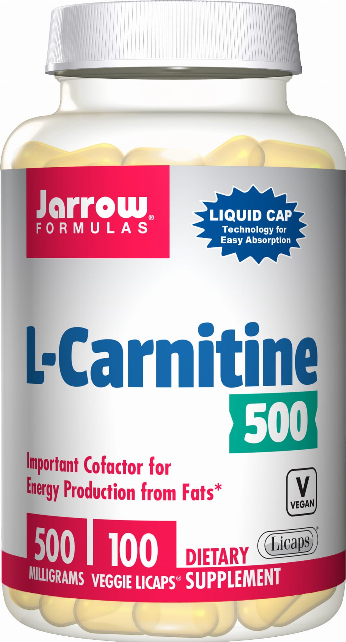 Pflanzliche L-Carnitin 500 MG Kapseln von Jarrow Formulas, 100-lagige Licaps in einer transparenten Packung.