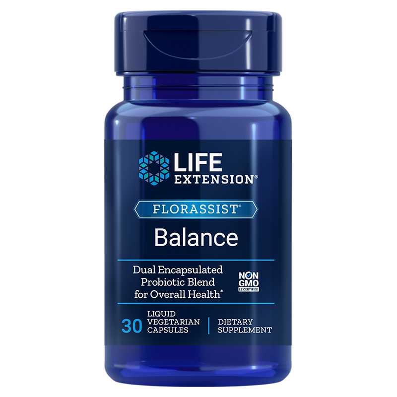 LIFE EXTENSION Florassist Balance 30 Kapseln, probiotische Nahrungsergänzung für Darmgesundheit und Wohlbefinden, Nahaufnahme der Verpackung