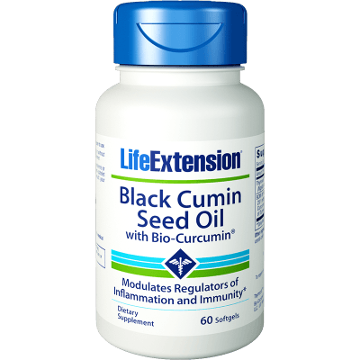 Schwarzkümmelöl mit Biocurcumin in 60 Kapseln von LIFE EXTENSION, Nahaufnahme der Kapseln auf weißem Hintergrund