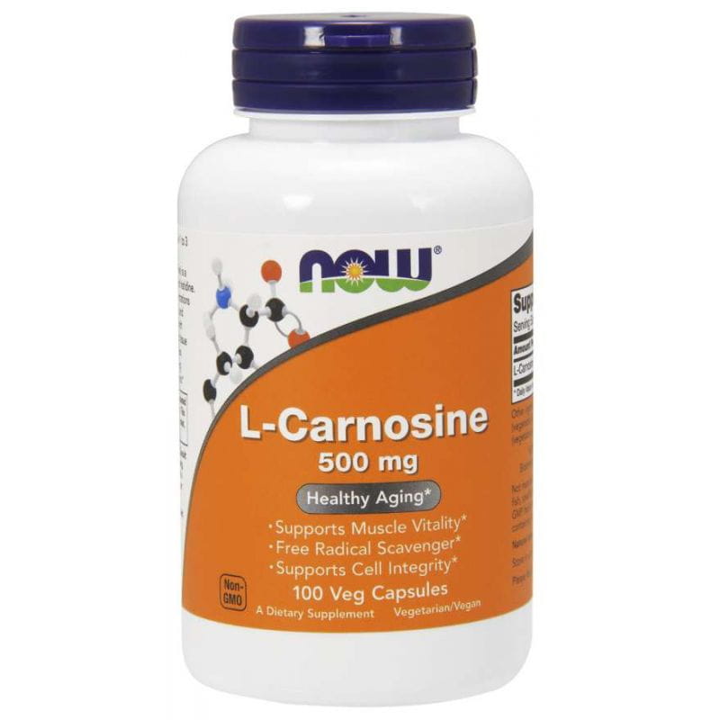 Lcarosin 500 mg L-Carnosin 100 Kapseln von NOW FOODS, Nahrungsergänzungsmittel, weiße Kapseln auf weißem Hintergrund