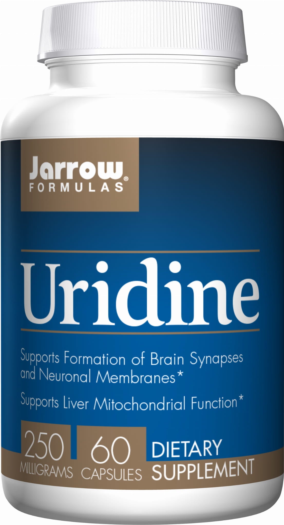 Uridin 250 mg Kapseln von JARROW FORMULAS, 60 Stück, Nahaufnahme der Verpackung und Kapseln auf weißem Hintergrund