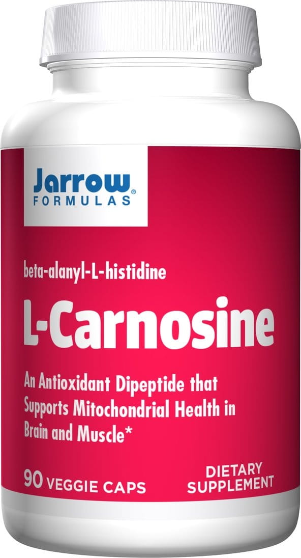 Lcarosin 500 MG L-Carnosin Kapseln von Jarrow Formulas, 90 Stück, Nahaufnahme der schwarzen Kapseln in einer Dose