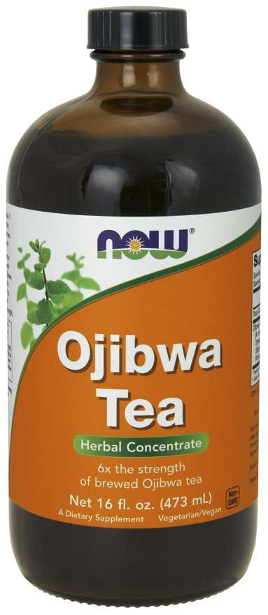 Ojibwa-Teekonzentrat von NOW FOODS in 473 ml Flasche, dunkle Flüssigkeit in Glasflasche mit Etikett.