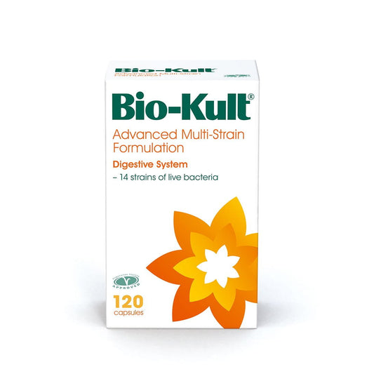Hochwertige BIO-KULT Multistrain-Formulierung in 120 Kapseln, natürliche probiotische Ergänzung für die Darmgesundheit.