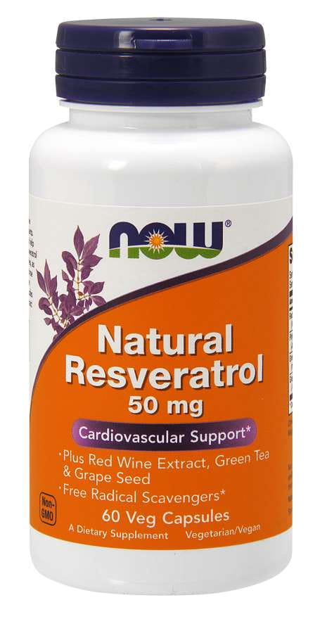 Natürliches Resveratrol 50 mg in 60 Kapseln von NOW FOODS, close-up der Kapseln und Verpackung.