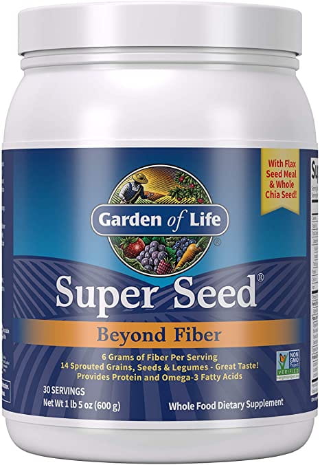 Super Seed Beyond Ballaststoffe von GARDEN OF LIFE in 600 g Packung, zeigt die ballaststoffreichen Samen in einer offenen Verpackung.