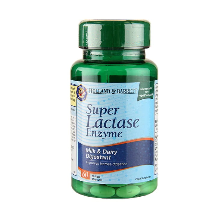 Superlaktase-Enzym in 60 Kapseln von HOLLAND & BARRETT, für eine bessere Verdauung bei Laktoseintoleranz.