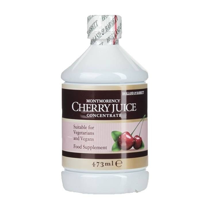 Holland & Barrett Montmorency-Kirschsaftkonzentrat in 473 ml Flasche, dunkelroter Kirschsaft mit Fruchtstücken sichtbar