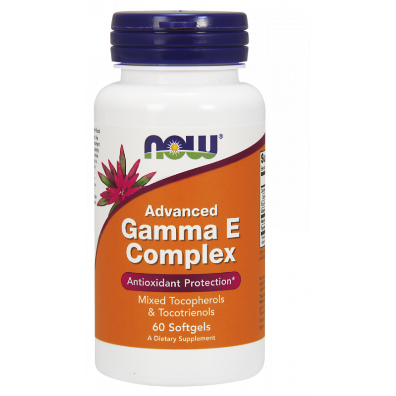 Gamma E Komplex Vitamin E Kapseln von NOW FOODS mit gemischten Tocopherolen und Tocotrienolen, Verpackung mit 60 Kapseln.