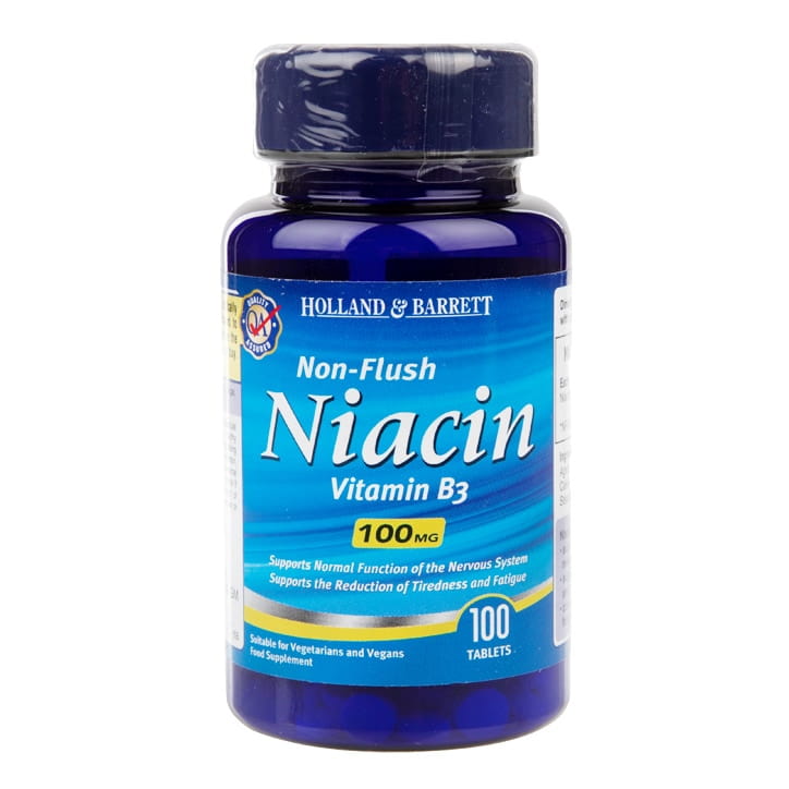 Holland & Barrett Vitamin B3 Niacin Non-Flush Tabletten, 100 Stück, Nahaufnahme der Verpackung und Tabletten
