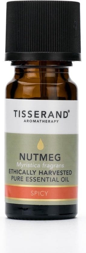 Ethisch geerntetes Muskatnussöl in 30 ml Flasche von TISSERAND AROMATHERAPY, dichtes, goldfarbenes Öl in dunkler Glasflasche