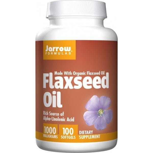 Leinöl 100 Kapseln von JARROW FORMULAS, transparente Jar mit dunkelgrünen Kapseln, Nahaufnahme der Verpackung