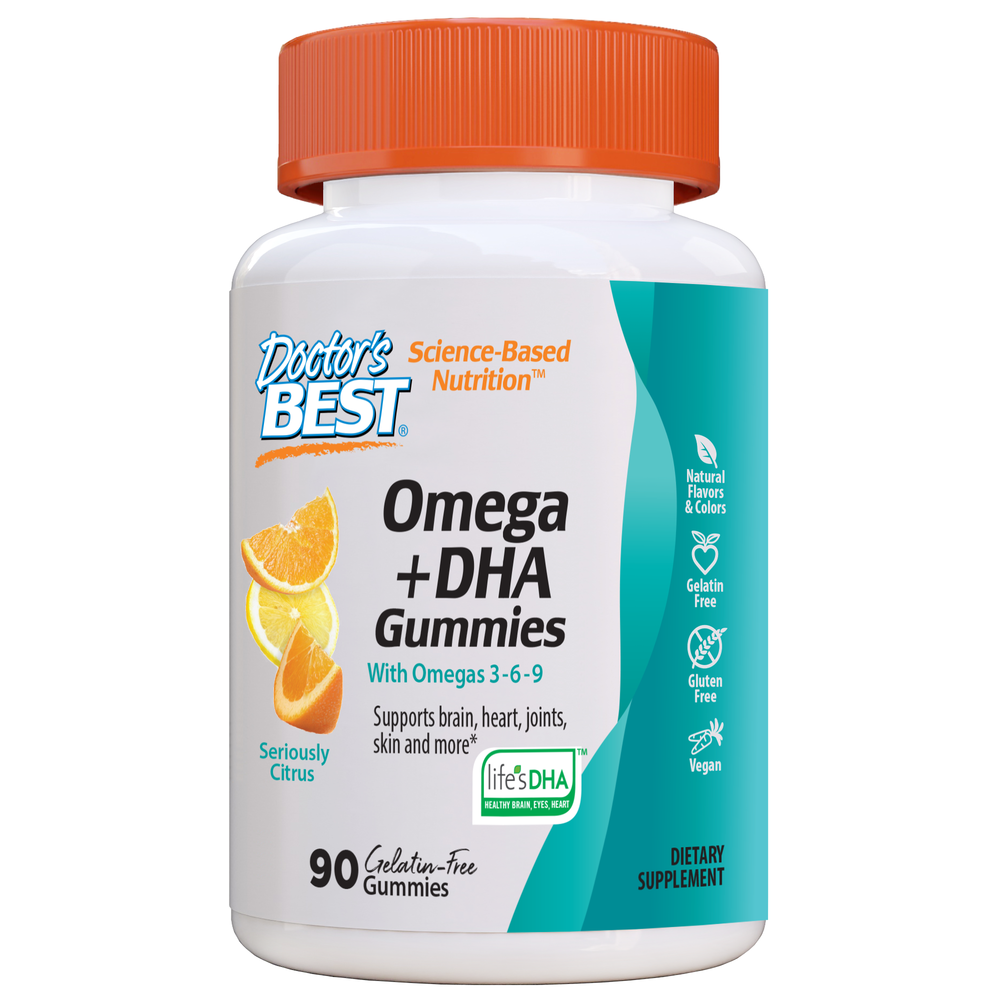 Omega- und DHA-Gummibonbons von DOCTOR'S BEST, 90 Gelees in einer offenen Packung mit bunten, fruchtigen Gummibären.