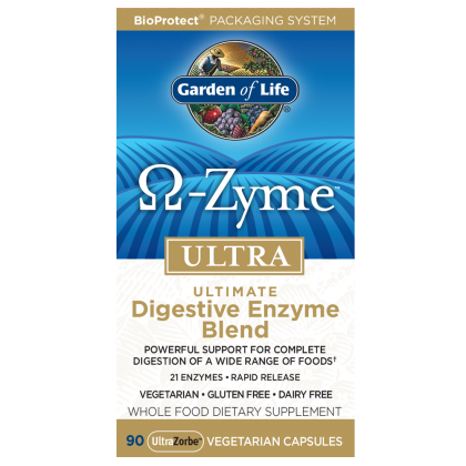 Omegazyme Ultra Verdauungsenzymmischung in 90 Kapseln von GARDEN OF LIFE, Nahaufnahme der Verpackung und Kapseln