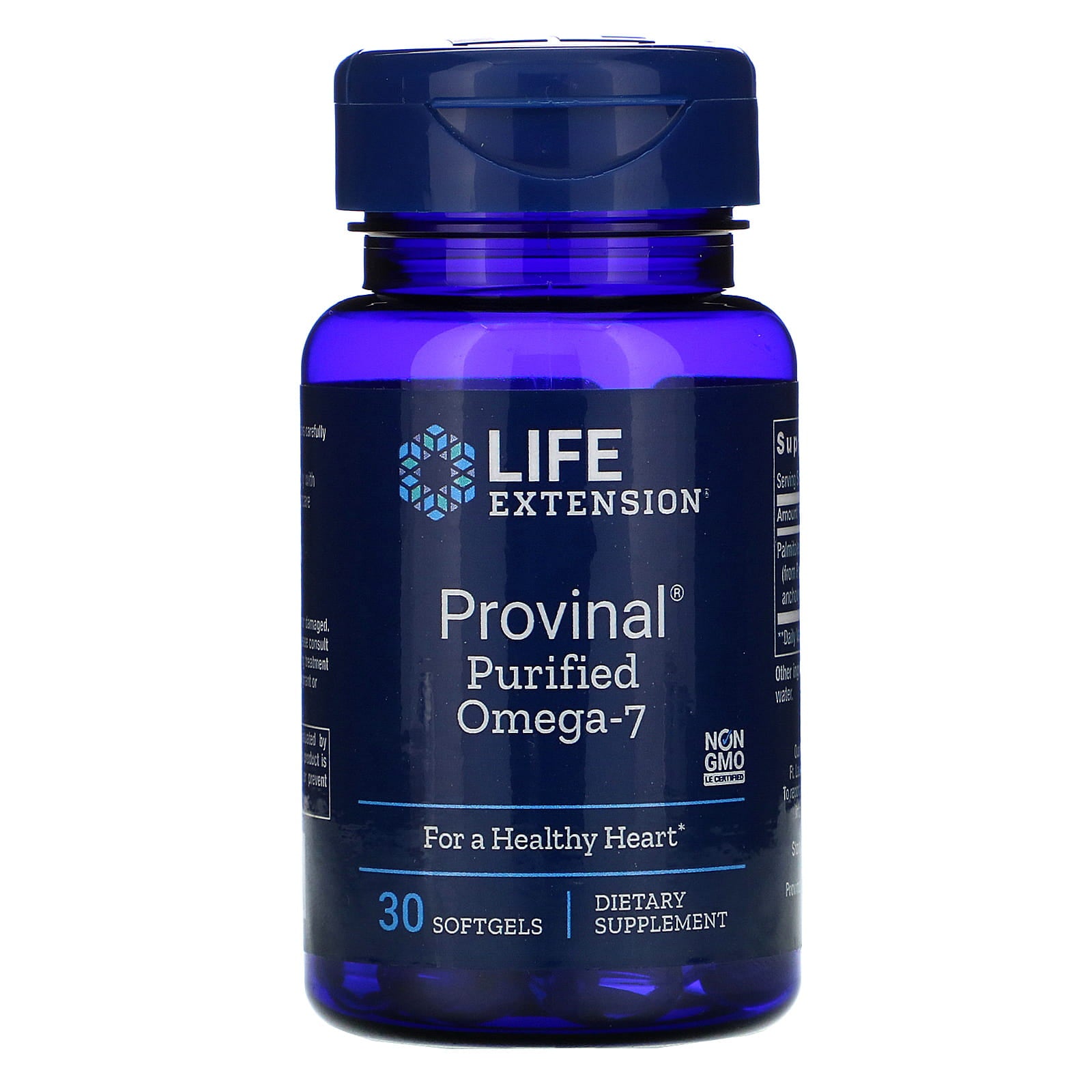 Omega7-Palmitolsäure Kapseln von LIFE EXTENSION, gereinigt, für Gesundheit und Langlebigkeit, 30 Kapseln auf einem weißen Hintergrund