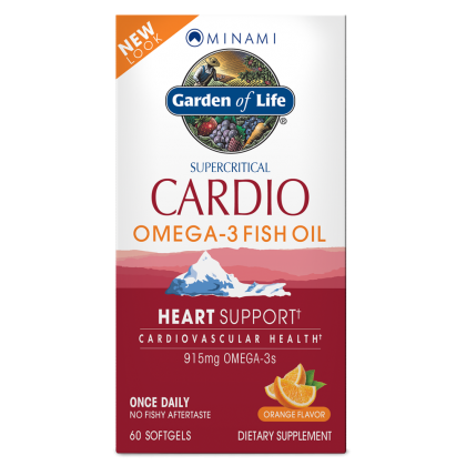 Minami Cardio Omega-3 Fischöl Kapseln von Garden of Life, 60 Stück, für Herzgesundheit, in einer weißen Verpackung.