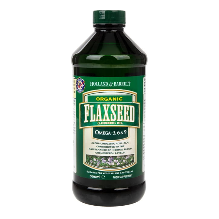 Bio-Leinöl von HOLLAND & BARRETT, 500 ml Flasche, kaltgepresstes Leinsamenöl für gesunde Ernährung, sichtbar in der Flasche