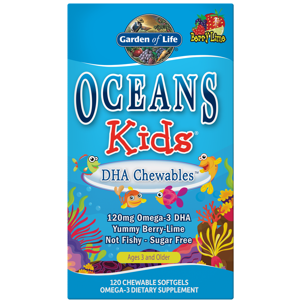 Omega Oceans Kids DHA Kautabletten von GARDEN OF LIFE, 120 Kapseln, kindgerechte Nahrungsergänzung mit Meeres-Ölen.