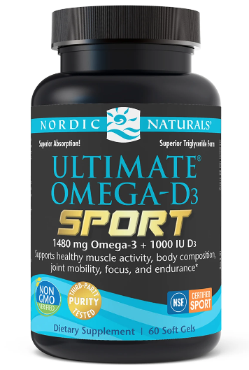 NORDIC NATURALS Ultimate OmegaD3 Sport 60 Kapseln, Omega-3-Fischöl und Vitamin D3 in einer Blisterpackung.
