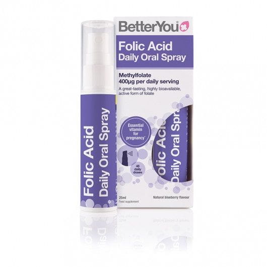 Folsäure-Tagesmundspray von BETTERYOU in 25 ml Flasche, zeigt das Produkt mit Spraykopf und Verpackung.