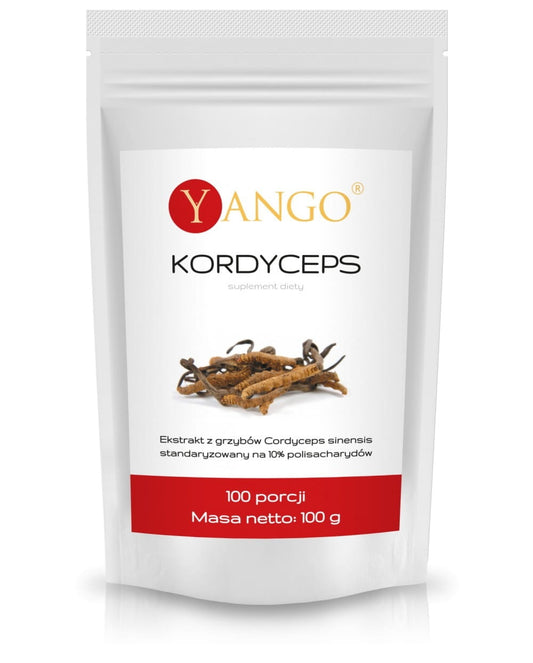 YANGO Cordyceps-Extrakt mit 10% Polysaccharide, 100 g, Nahaufnahme der Verpackung und Extrakt-Produkt