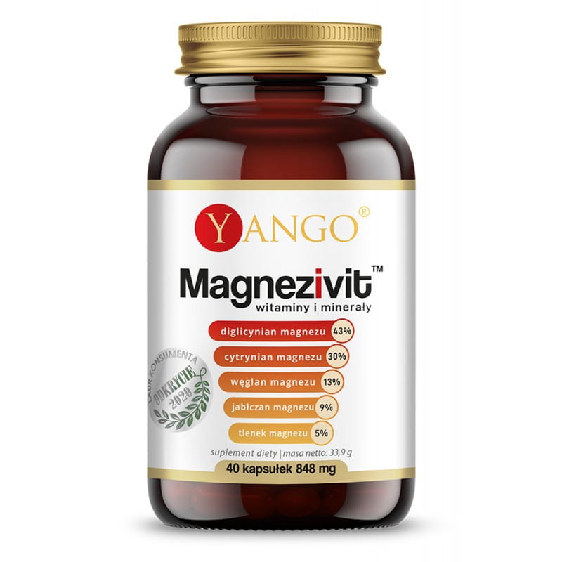 YANGO Magnezivit Vitamine und Mineralstoffe 40 Yango-Kapseln, Nahaufnahme der Verpackung und Kapseln auf weißem Hintergrund
