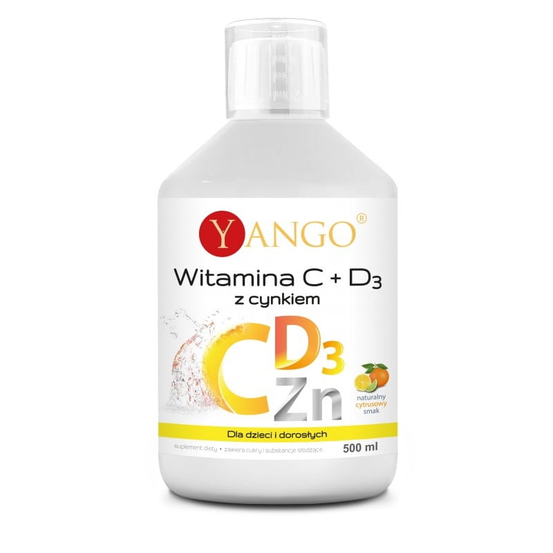 Flüssiges Vitamin C, D3 und Zink von YANGO in 500 ml Flasche, Nahaufnahme der Zubereitung in einer Pipette.