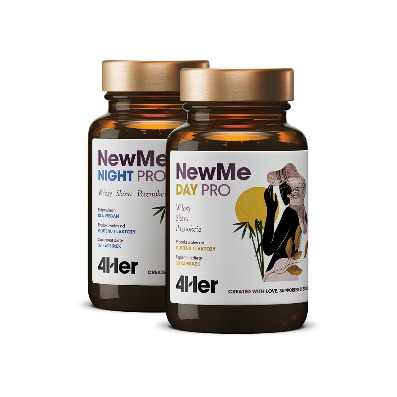 Neueme Pro 4her und HEALTH LABS Kapseln, jeweils 30 Stück, in einer transparenten Flasche mit weißem Deckel.