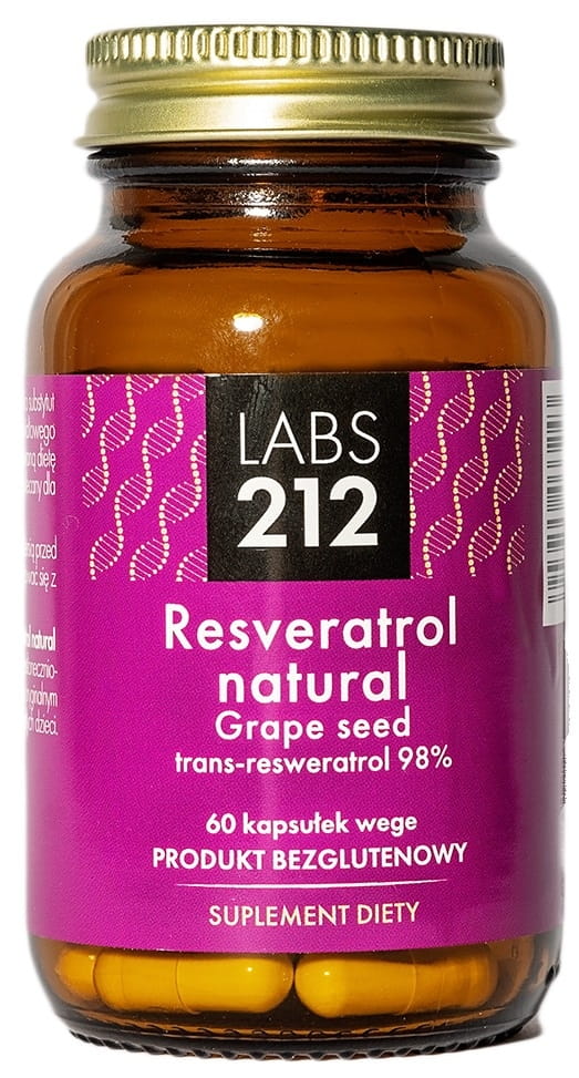 Natürliche Resveratrol- und Traubenkern-Kapseln von LABS212, 60 Stück, in einer offenen Verpackung sichtbar