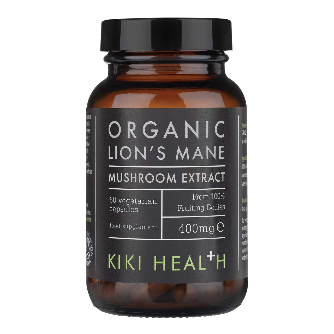 Löwenmähnenpilzextrakt KIKI HEALTH Kapseln, Nahaufnahme der braunen Kapseln in einer Packung.