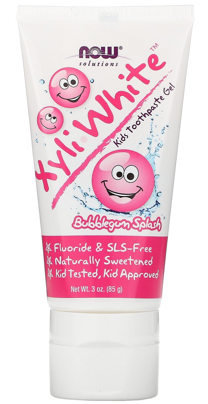 Kinder-Zahnpasta xyliwhite™ Bubblegum Splash Zahnpasta-Gel von NOW FOODS, 85 g, mit buntem Verpackungsdesign und kindgerechter Form