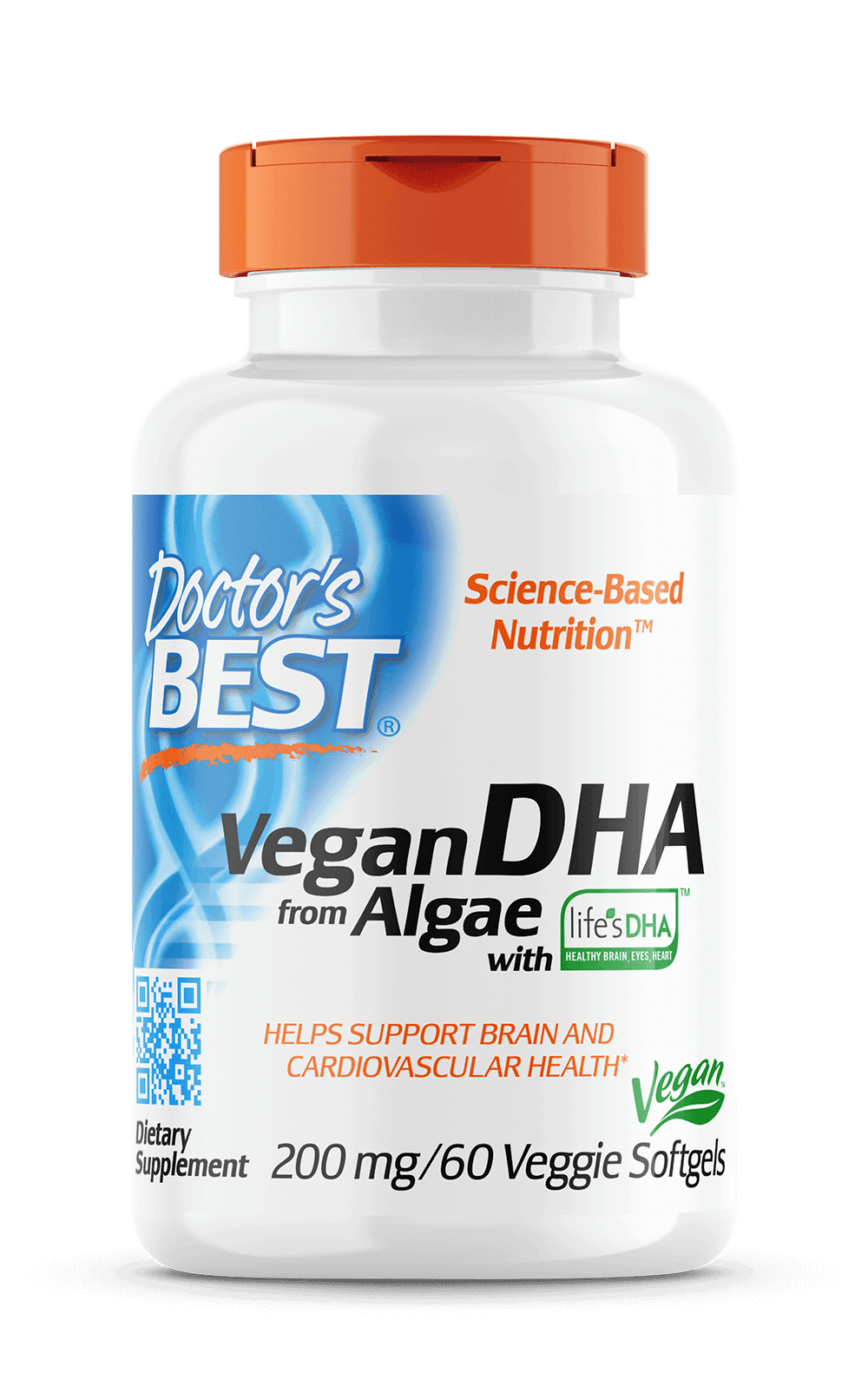 Vegane DHA-Algenkapseln von DOCTOR'S BEST, 60 Kapseln, sichtbare Verpackung und Kapseln auf weißem Hintergrund