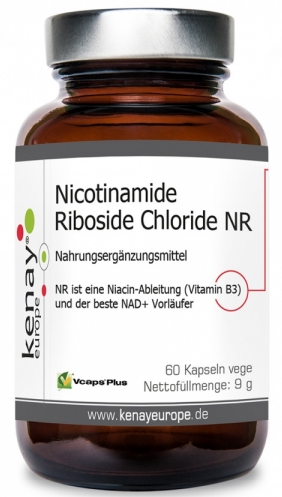 Nicotinamid-Ribosid-Chlorid Kapseln von KENAY, 60 Stück, Nahaufnahme der Kapseln in einer offenen Packung auf weißem Hintergrund
