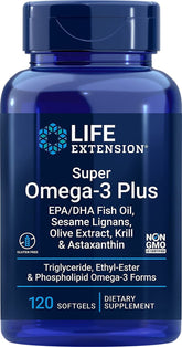 Super OMEGA - 3 plus EPA/DHA mit Sesam-Lignanen, Olivenextrakt, Krillöl und Astaxanthin 120 Kapseln LEBENSVERLĂNGERUNG