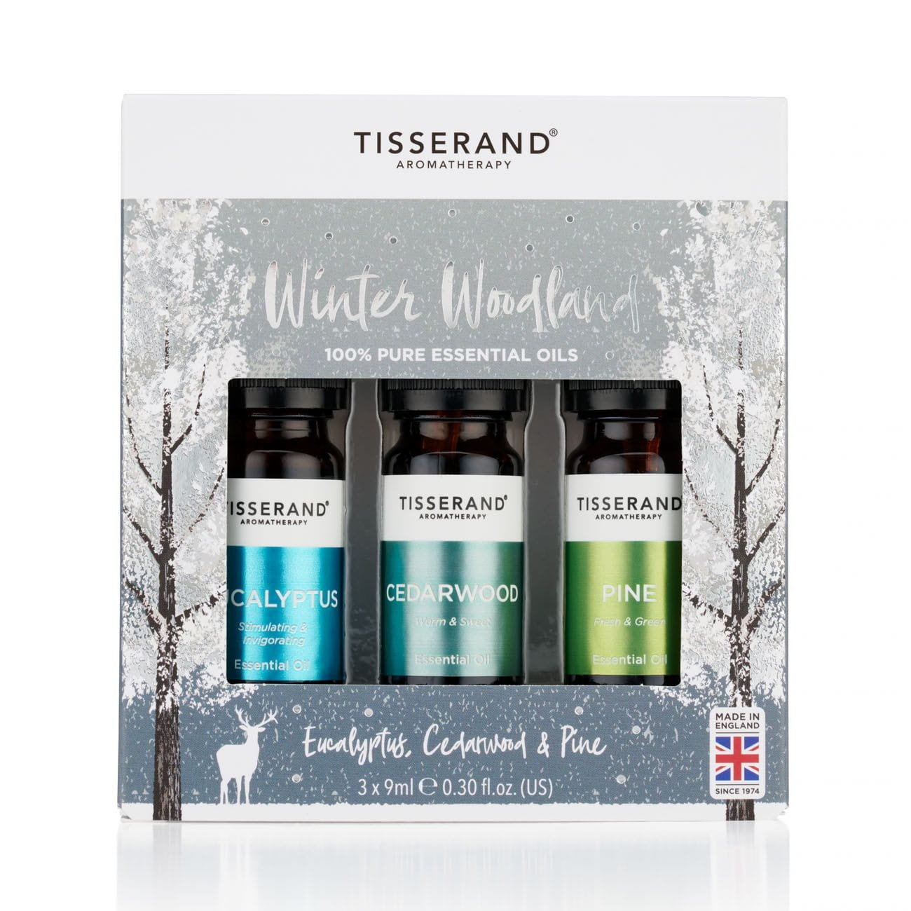 Drei TISSERAND Aromatherapie Winterwald-Ätheröle in Weihnachtsverpackung, je 9 ml, mit natürlichem Winterdüfte-Design