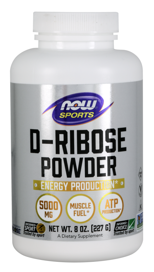 Ribose-Pulver von NOW FOODS, 227 g, chemisches Nahrungsergänzungsmittel in einer transparenten Behälter mit weißem Pulver