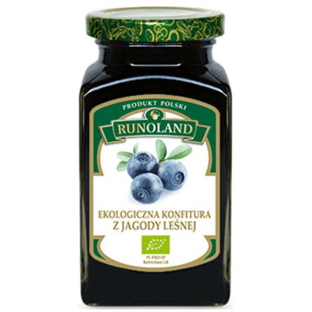 Bio Waldheidelbeermarmelade von RUNOLAND in 320 g Glas mit frischen, dunklen Heidelbeeren und natürlicher Textur.