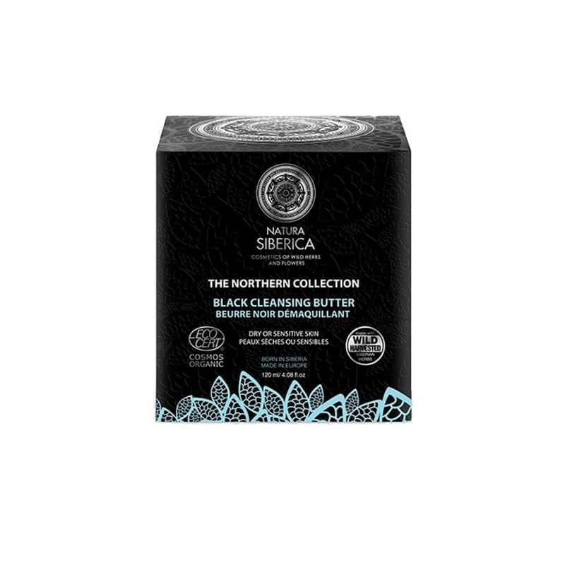 Schwarze Reinigungsbutter von NATURA SIBERICA, 120 ml, cremige Textur in einer weißen Verpackung, ideal für die Gesichtsreinigung