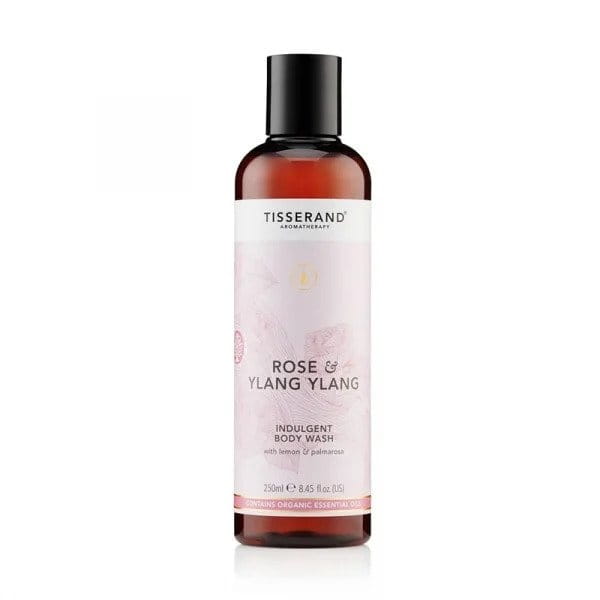 Duschgel von TISSERAND mit Rose und Ylang Ylang, 250 ml Flasche, cremige Konsistenz und blumiger Duft.