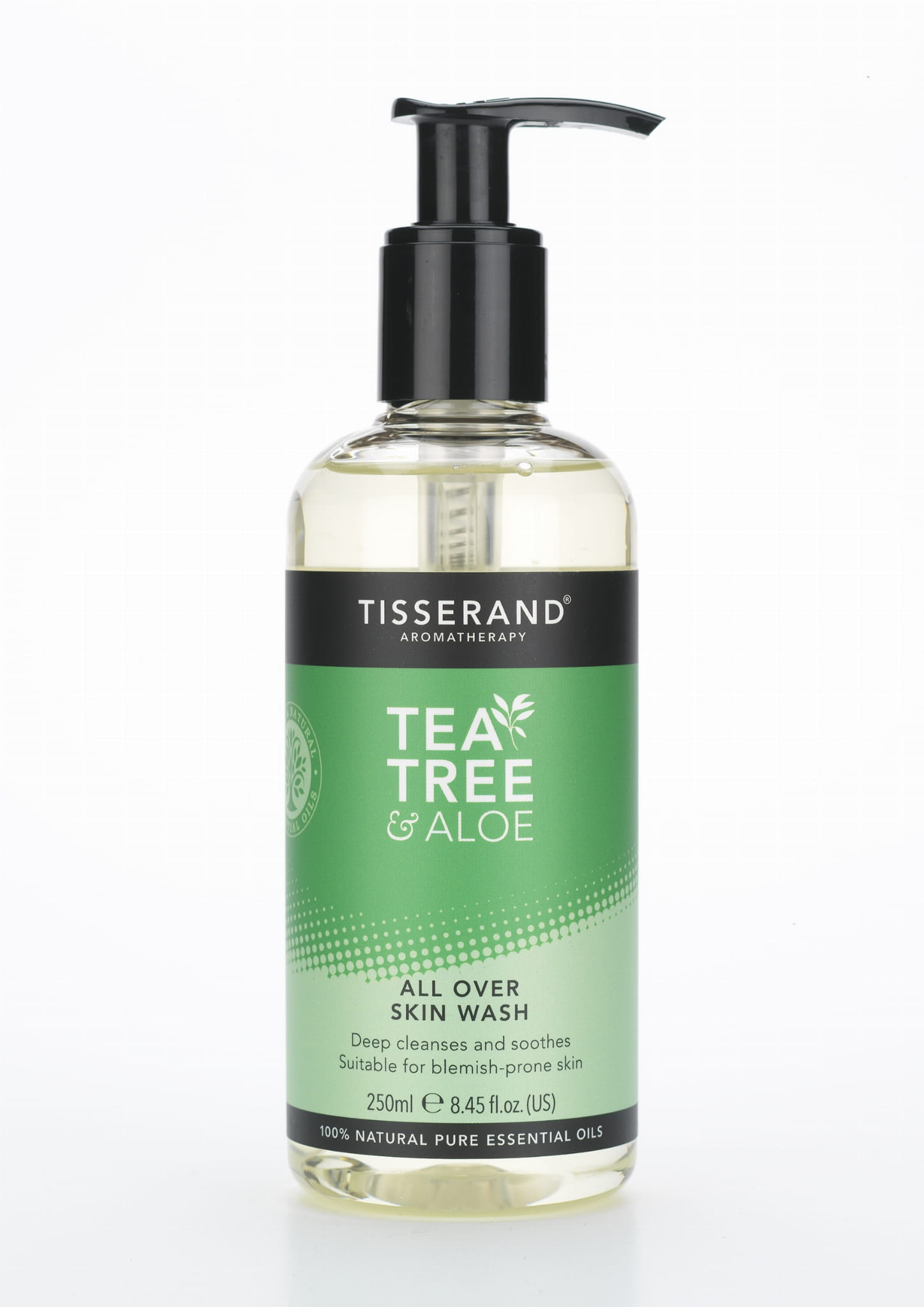 Sanftes Teebaum & Aloe Reinigungsgel von TISSERAND, 250 ml, zeigt das Flaschen-Design mit grünen Aloe- und Teebaum-Elementen