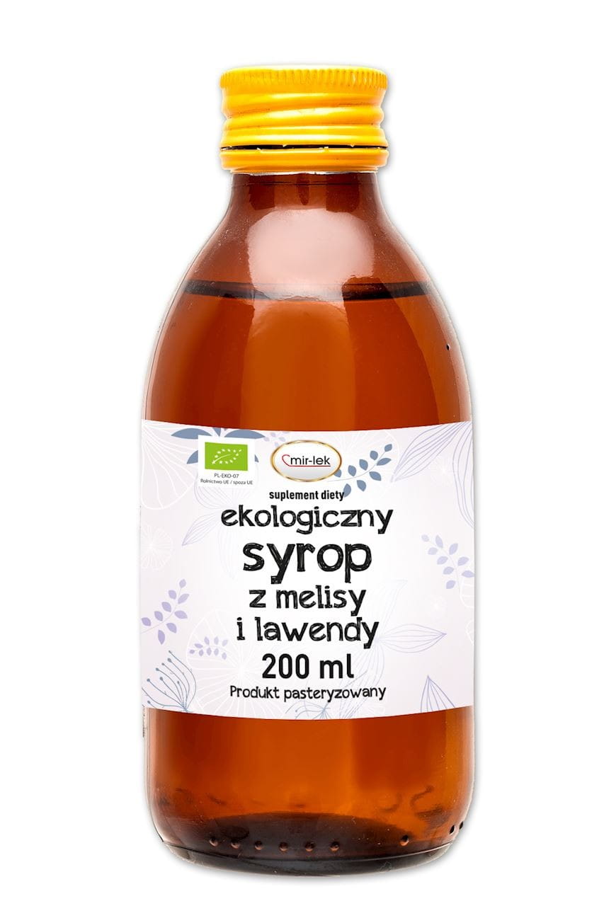 Bio Zitronenmelissen- und Lavendelsirup in 200 ml Flasche von MIR-LEK, mit Zitronenmelisse und Lavendel für Getränke und Speisen.