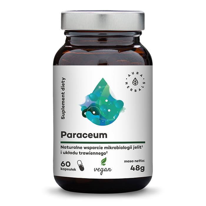 Natürliche Paraceum Kapseln von AURA HERBALS für Darm- und Verdauungsunterstützung, 60 Kapseln, Nahaufnahme der Verpackung