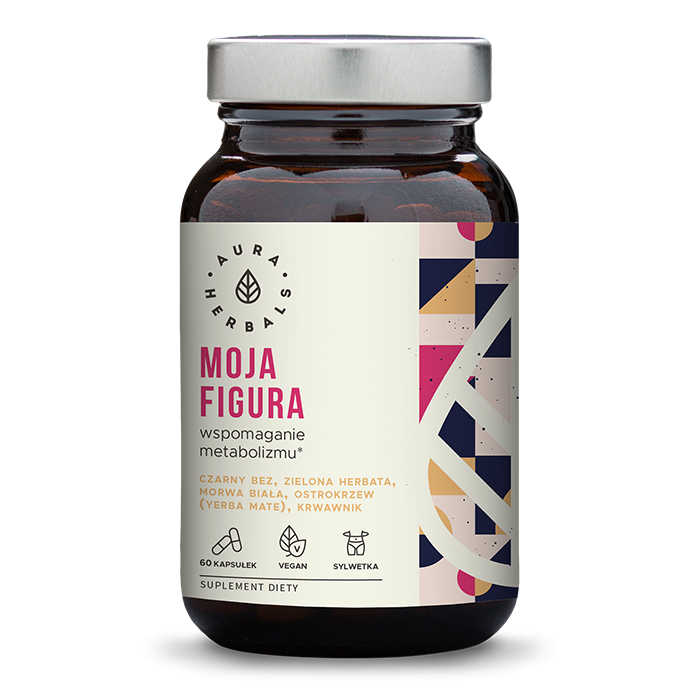 AURA HERBALS Meine Figur unterstützt den Stoffwechsel, 60 Kapseln, Nahaufnahme der Produktverpackung auf weißem Hintergrund