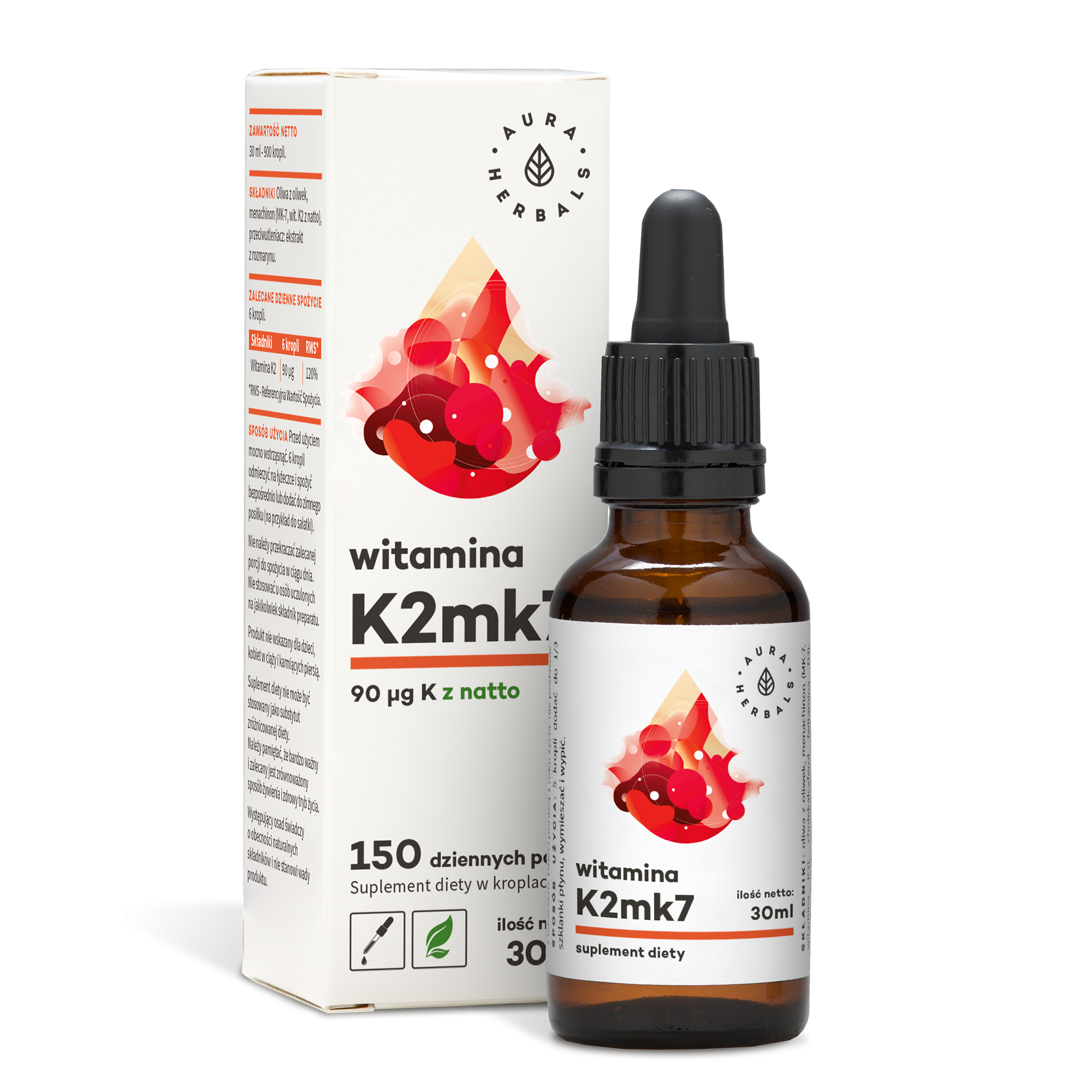 Vitamin K2MK7 Tropfen von AURA HERBALS in 30 ml Flasche, dunkle Glasflasche mit Tropfenzubehör, Nahaufnahme