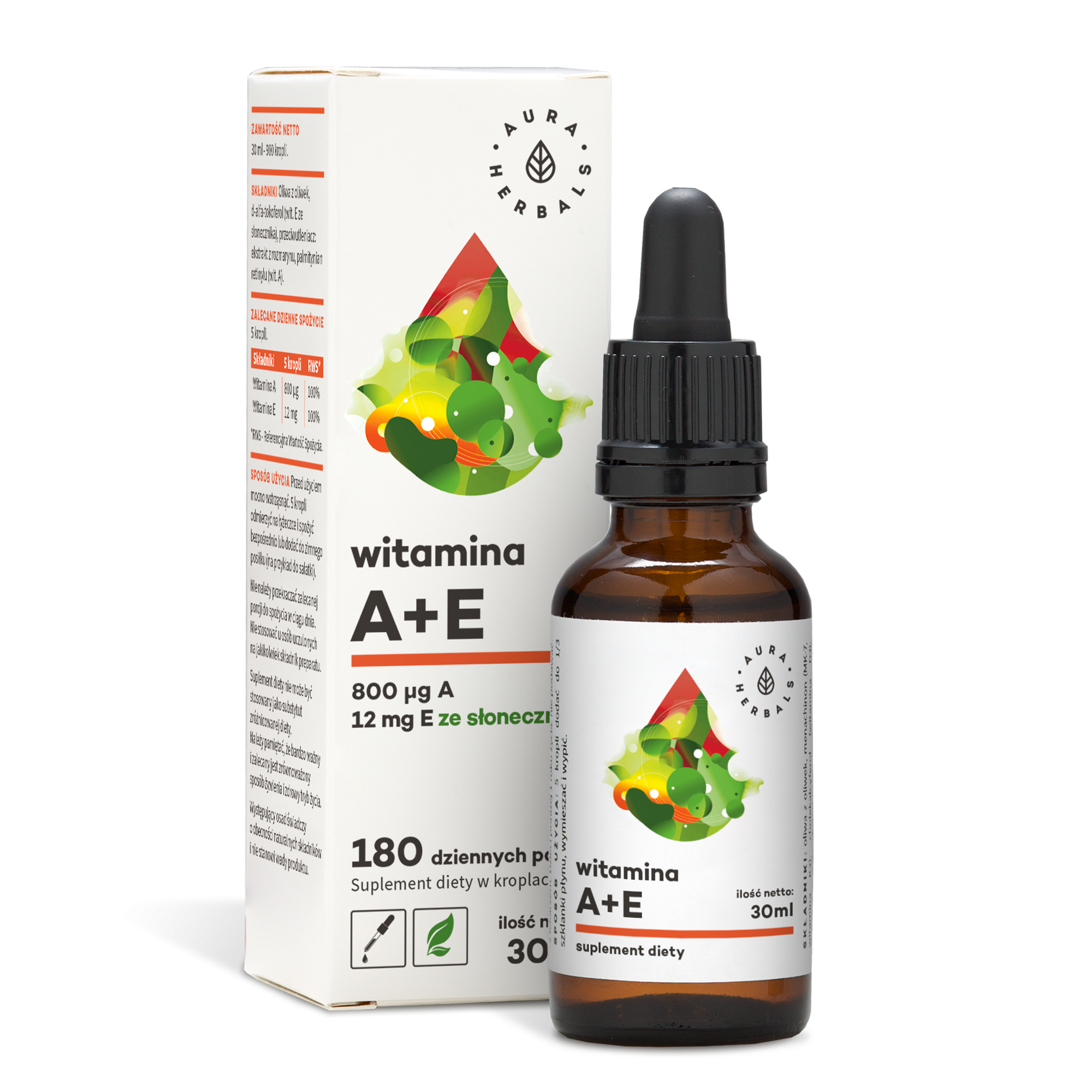 Vitamin A und E Nahrungsergänzungsmittel in Tropfen von AURA HERBALS, 30 ml Flasche, flüssiges Vitaminpräparat.
