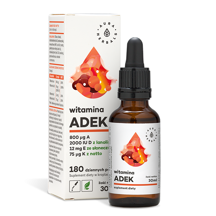Vitamin A, D3, E und K2 MK7 Tropfen in einer 30 ml Flasche von AURA HERBALS, flüssige Nahrungsergänzungsmittel.