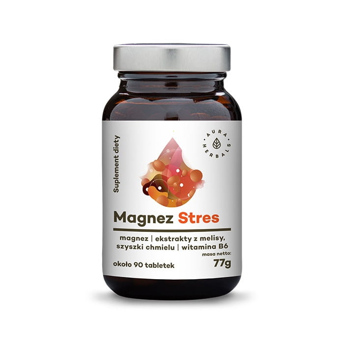 Magnesium Stress Tabletten von AURA HERBALS mit Melisse, Hopfenzapfen und Vitamin B6, 90 Stück auf weißem Hintergrund