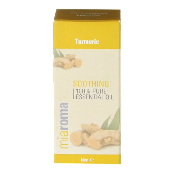 Reines Kurkuma ätherisches Öl von HOLLAND & BARRETT, 10 ml Flasche, mit goldgelber Flüssigkeit und Tropfverschluss.